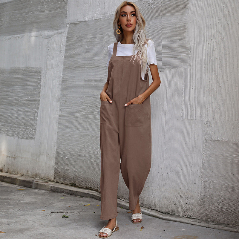 Damen Lässiger Jumpsuit mit praktischen Taschen und verstellbaren Trägern EB