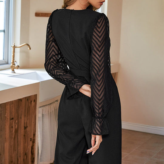 Damen Eleganter Jumpsuit mit transparenten Ärmeln und knielangem Schnitt EB