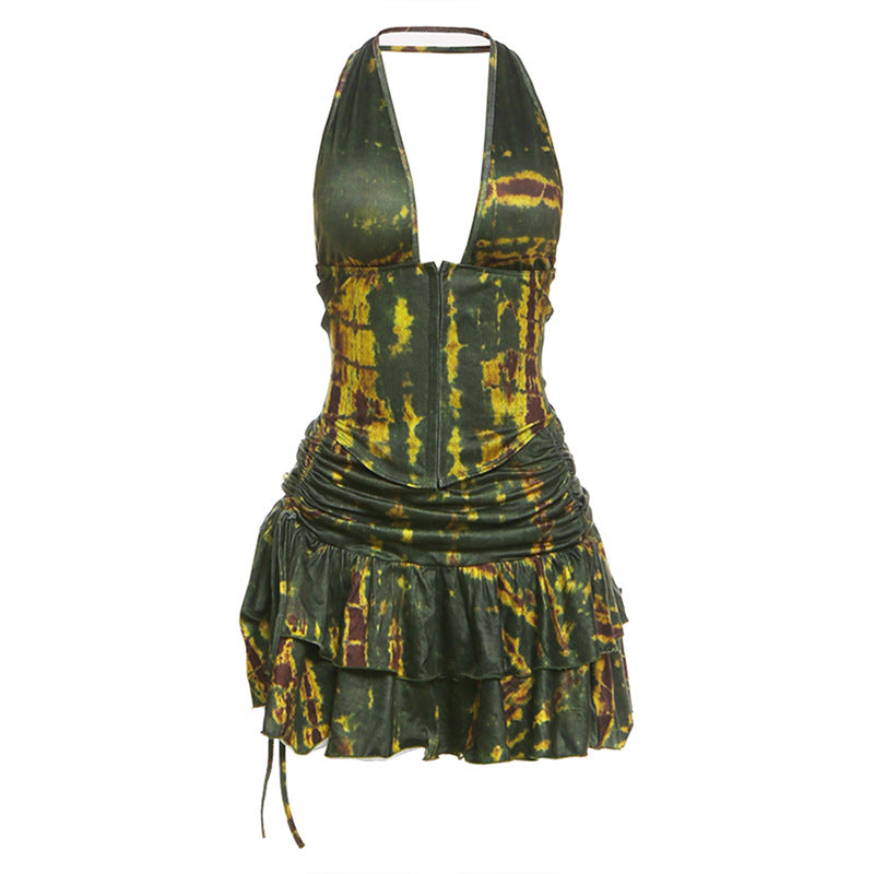 Damen Halterneck Mini-Kleid mit Raffung und verziertem Saum EB