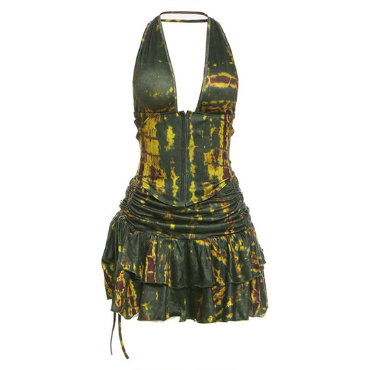 Damen Halterneck Mini-Kleid mit Raffung und verziertem Saum EB