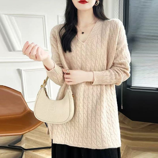 Damen Grobstrickpullover mit V-Ausschnitt und lässigem Schnitt EB
