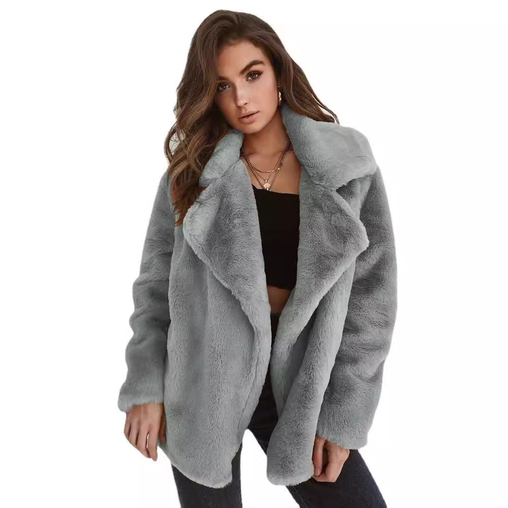 Damen Fleece-Mantel mit weitem Kragen und modischem Schnitt EB