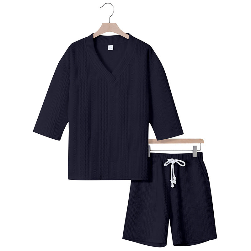 Unisex nan lässiges Lounge-Set mit V-Ausschnitt-Oberteil und Kordelbund-Shorts EB
