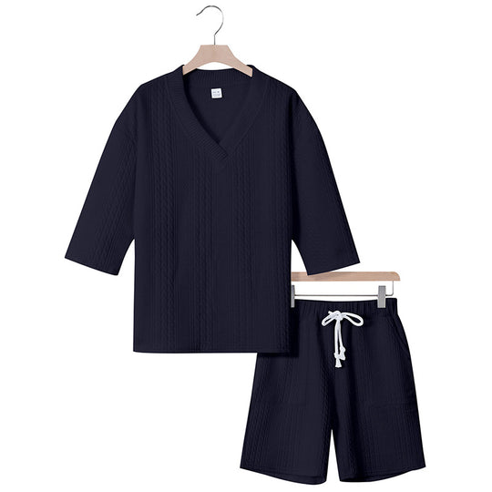 Unisex nan lässiges Lounge-Set mit V-Ausschnitt-Oberteil und Kordelbund-Shorts EB