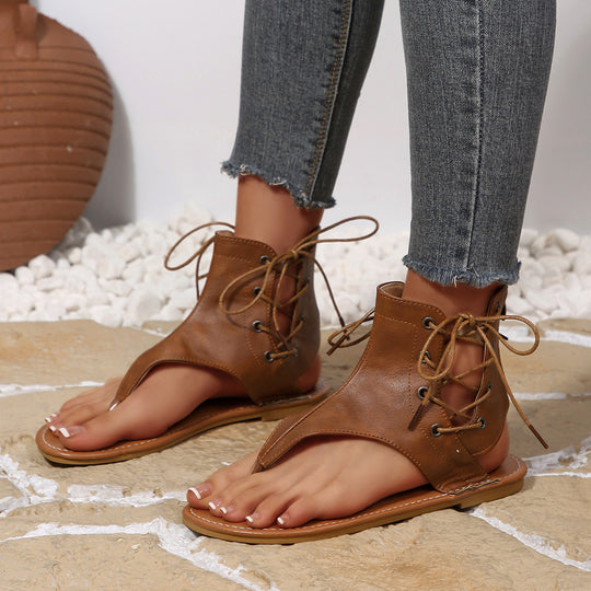 Damen Offene Zehentrenner Sandalen mit Leder-Obermaterial und Schnürung EB
