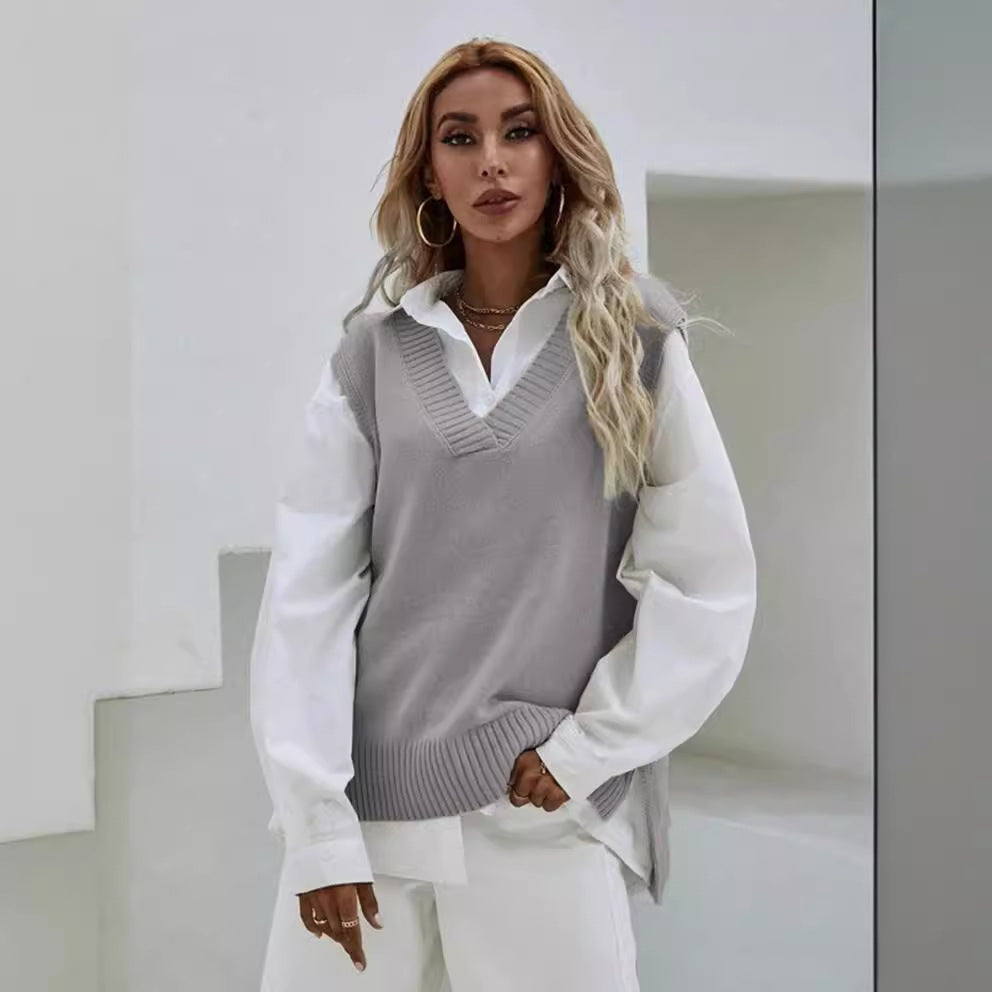 Damen Strickweste mit V-Ausschnitt und modernen Details EB
