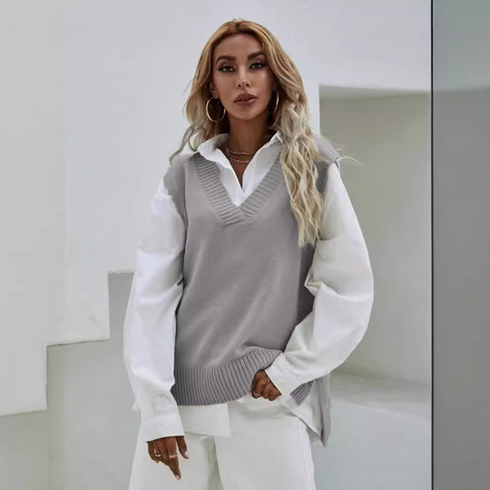 Damen Strickweste mit V-Ausschnitt und modernen Details EB