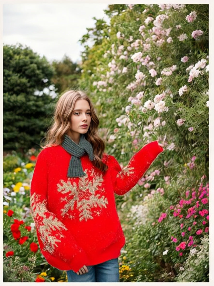 Damen lockerer Strickpullover mit festlichem Schneeflocken-Design EB