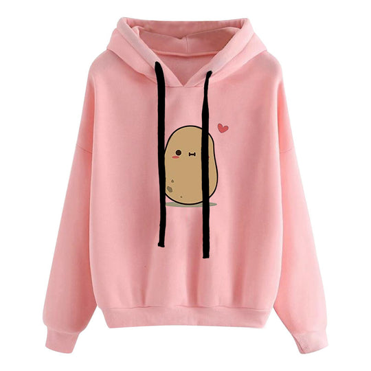 Damen nan lässiger Oversize Kapuzenpullover mit Herz‑und‑Pfotenprint, Kordelzug und gerippten Bündchen EB