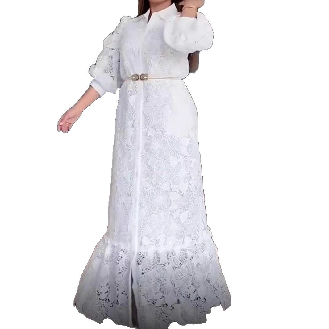 Damen Langärmliges Spitzenkleid mit voluminösen Puffärmeln und eleganter Knopfleiste Heidi-Mode