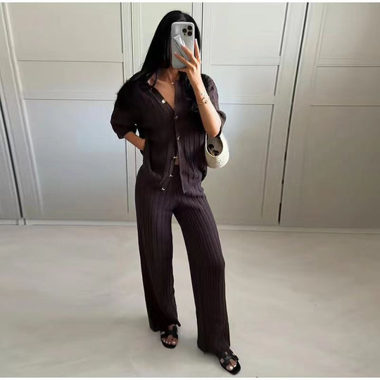 Damen weite Gummibund-Hose mit eleganten Streifen EB
