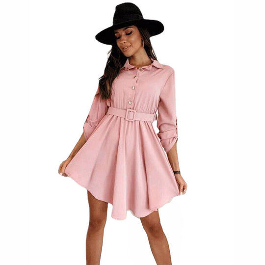 Damen Knielanges Hemdblusenkleid mit Taillengürtel und eleganten Details EB