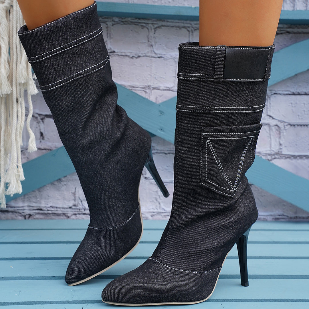 Damen Overknee-Stiefel aus hochwertigem Denim mit elegantem Absatz EB
