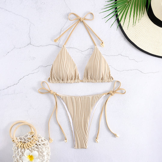 Damen Triangel-Bikini-Set mit verstellbaren Schnürdetails und gekräuseltem Design EB