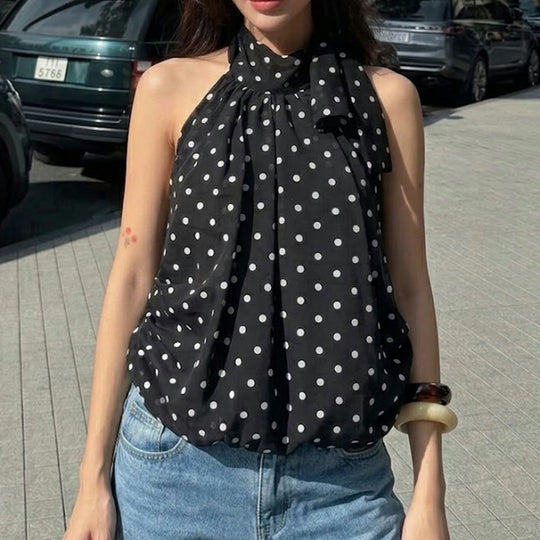 Damen Spaghetti-Trägertop mit modischem Punkten Design und Schleifenakzenten EB