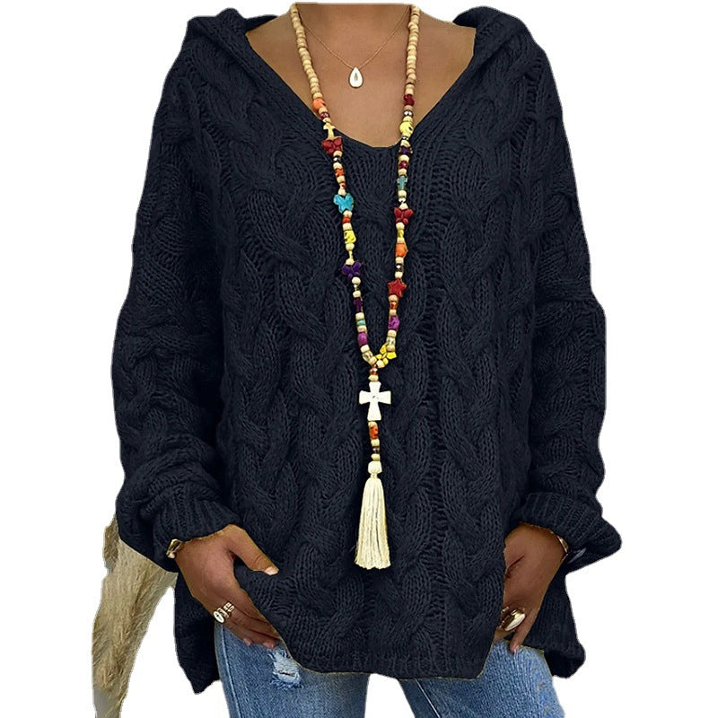 Damen Hoody aus Grobstrick mit V-Ausschnitt und dekorativem Kordelzug EB