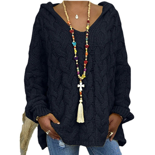 Damen Hoody aus Grobstrick mit V-Ausschnitt und dekorativem Kordelzug EB