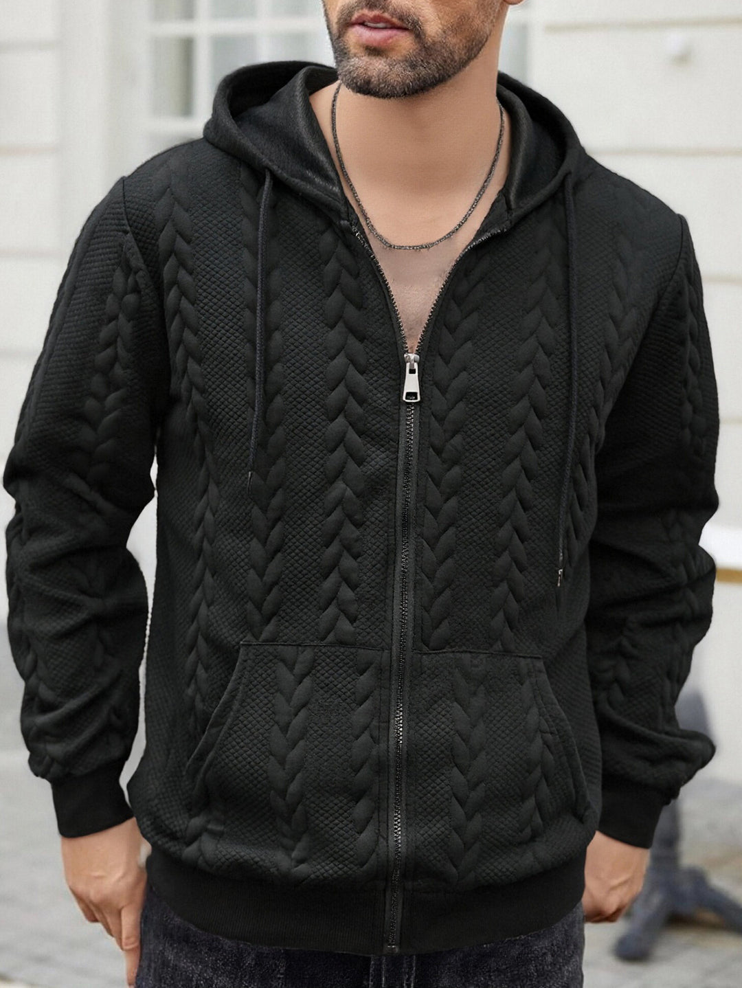 Herren nan strukturierte Kapuzen-Sweatjacke mit Zopfmuster, durchgehendem Reißverschluss und Kängurutasche EB