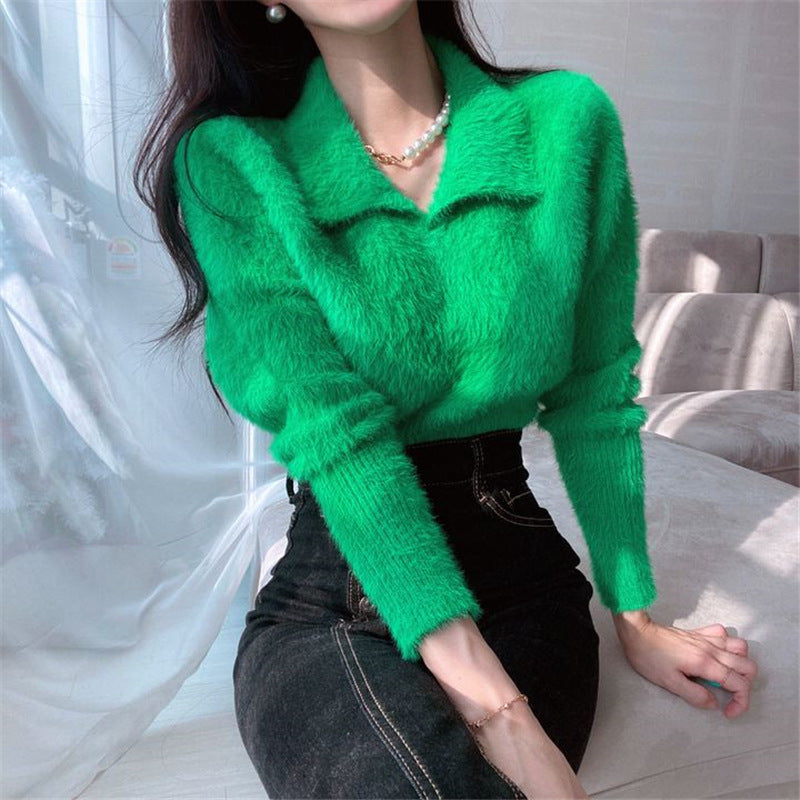 Damen Weicher Strickpullover mit elegantem Kragen und Puffärmeln EB