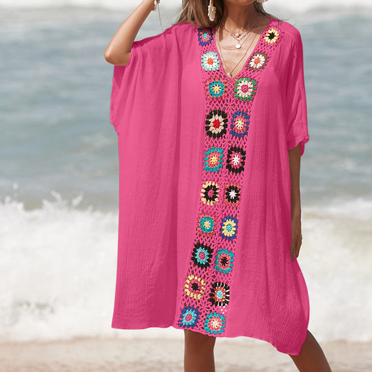 Damen Häkel-Strandtunika im lässigen Oversize-Stil mit bunten Applikationen EB