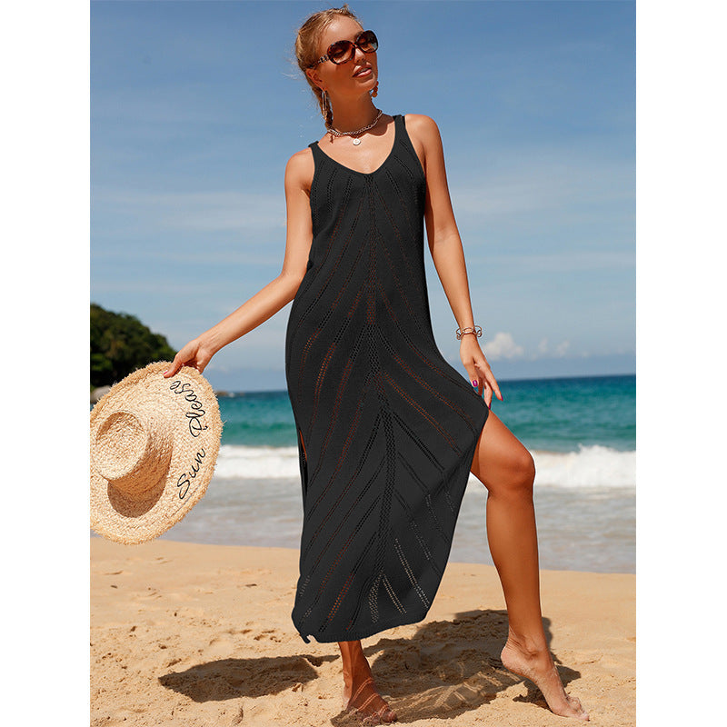 Damen transparentes Häkel-Strandkleid mit hohem Schlitz und stylischem Schnitt EB