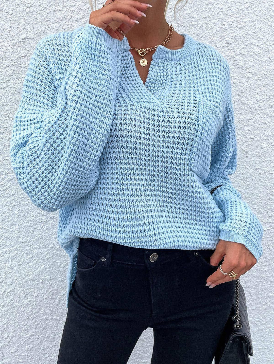 Damen lässiger Strickpullover mit V-Ausschnitt und strukturierter Oberfläche EB