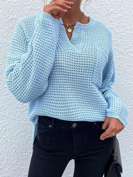 Damen lässiger Strickpullover mit V-Ausschnitt und strukturierter Oberfläche EB