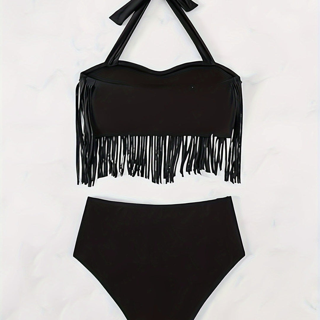 Damen Bikiniset mit fransigem Oberteil und hoch taillierter Hose EB