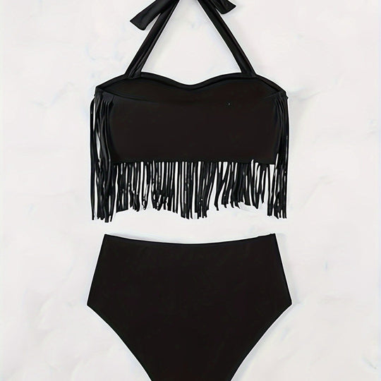 Damen Bikiniset mit fransigem Oberteil und hoch taillierter Hose EB
