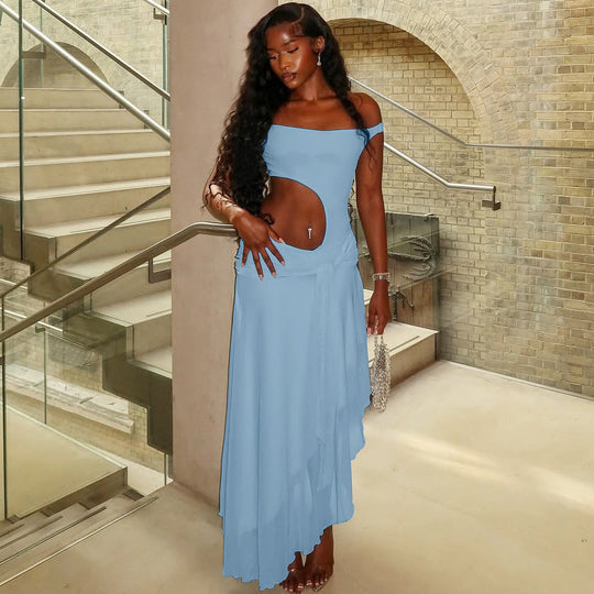 Damen Elegantes Maxikleid mit asymmetrischem Ausschnitt und raffiniertem Wickeldesign EB