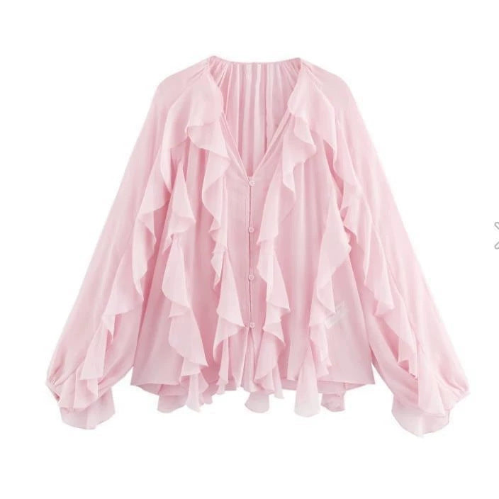 Damen Rüschenbluse mit weitem Schnitt und ballonartigen Ärmeln EB