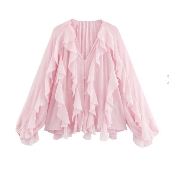 Damen Rüschenbluse mit weitem Schnitt und ballonartigen Ärmeln EB