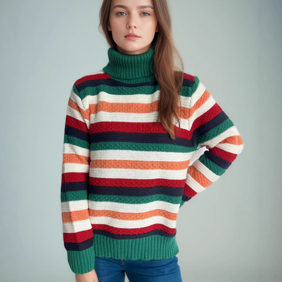 Damen Rollkragenpullover mit farbenfrohen Streifen und hochwertiger Strickqualität EB