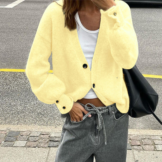 Damen nan lässige Strickjacke mit tiefem V-Ausschnitt, aufgesetzten Knopfleisten und Ballonärmeln EB