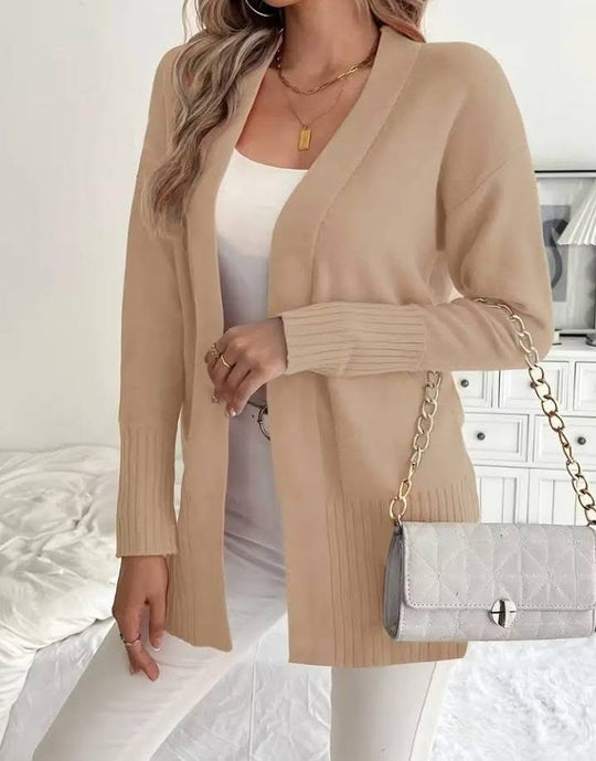 Damen Langer Strickcardigan mit feinen Rippdetails und lässigem Schnitt EB