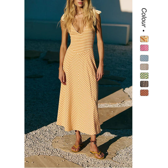 Damen Maxi-Sommerkleid mit verspielten Trägern und elegantem V-Ausschnitt EB