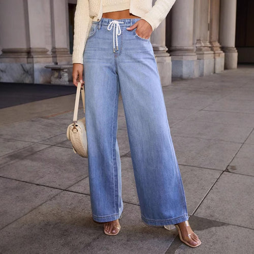 Damen Weit geschnittene Denim-Hosen mit elastischem Bund und modernem Kordelzug EB