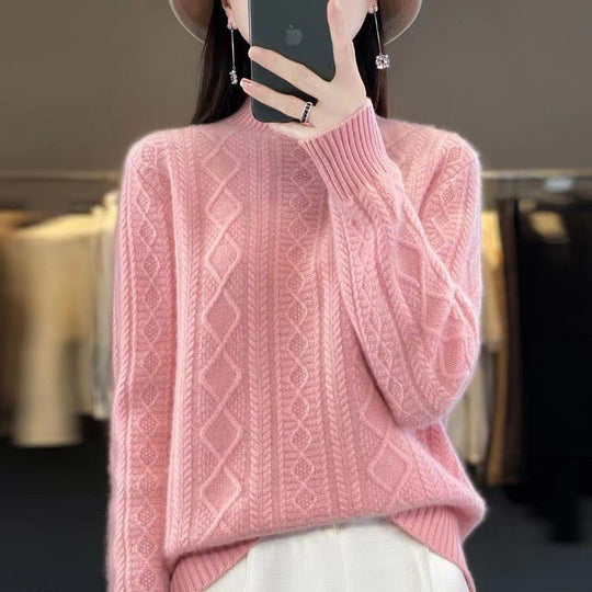 Damen Hochwertiger Strickpullover mit Stehkragen und Zopfdesign EB