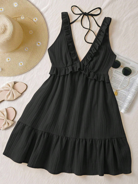 Damen luftiges Sommerkleid mit Volantdetails und verstellbarem Rückenschnürung EB