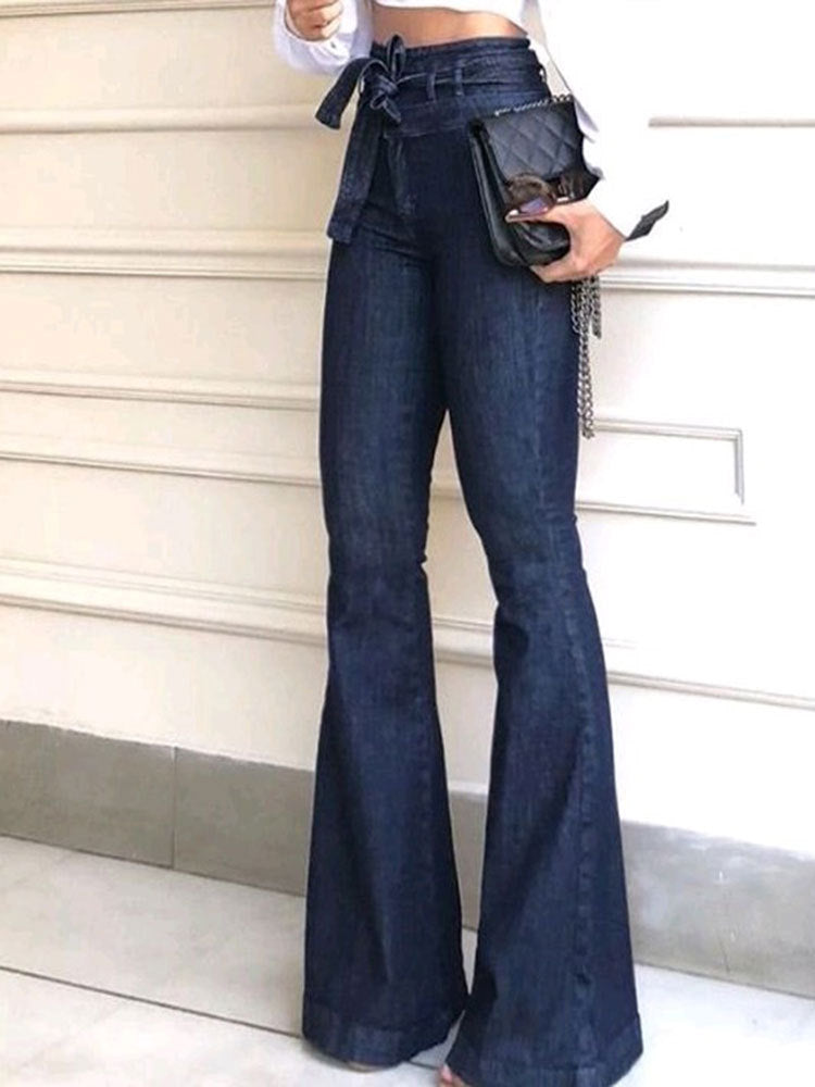 Damen elegante Bootcut-Jeans mit hohem Bund und Gürtel EB
