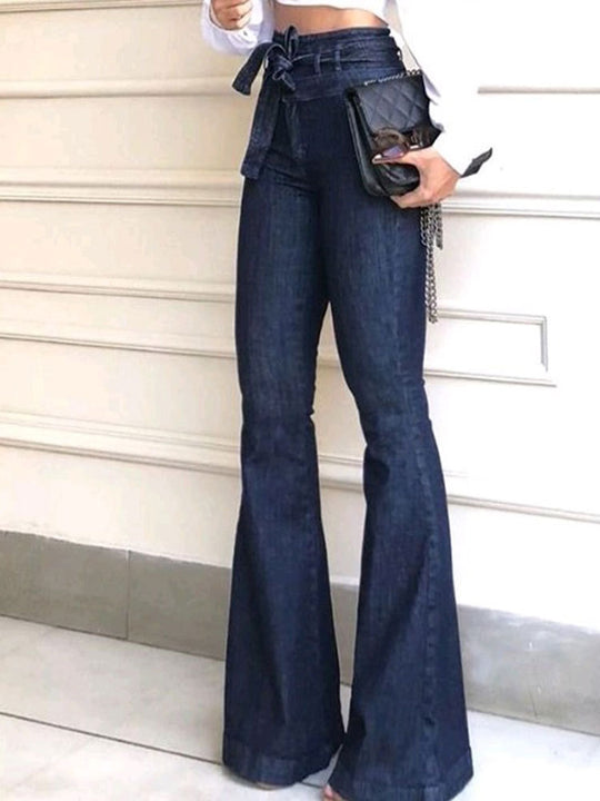 Damen elegante Bootcut-Jeans mit hohem Bund und Gürtel EB