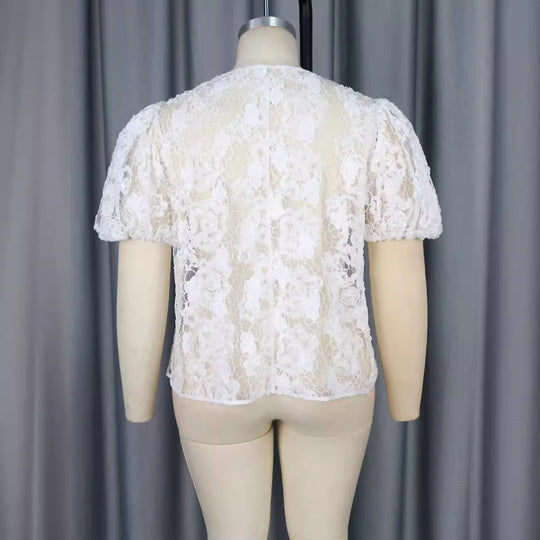 Damen Bluse mit romantischen Spitzenärmeln und floralem Muster EB