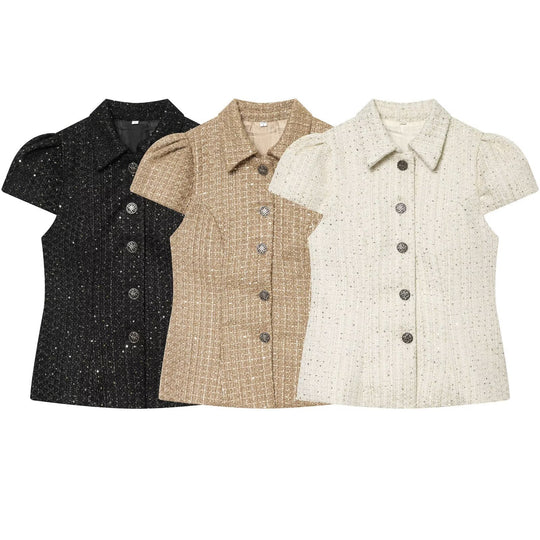Damen elegante Bluse mit strukturiertem Gewebe und dekorativen Knöpfen EB
