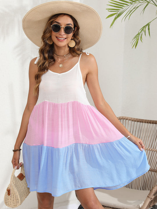 Damen luftiges Sommerkleid mit tiefem V-Ausschnitt und fröhlichem Farbverlauf EB