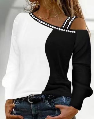 Damen Trendy Asymmetrisches Oberteil mit Strassbesatz EB