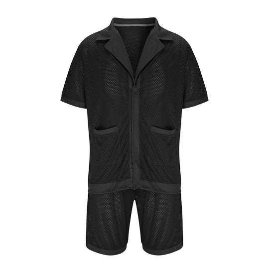 Damen Luftiges Netz-Pyjama-Set mit praktischen Taschen und Knopfleiste EB