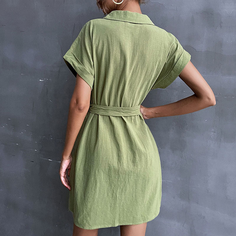 Damen Hemdblusenkleid mit Taillengürtel und Kurzarm EB