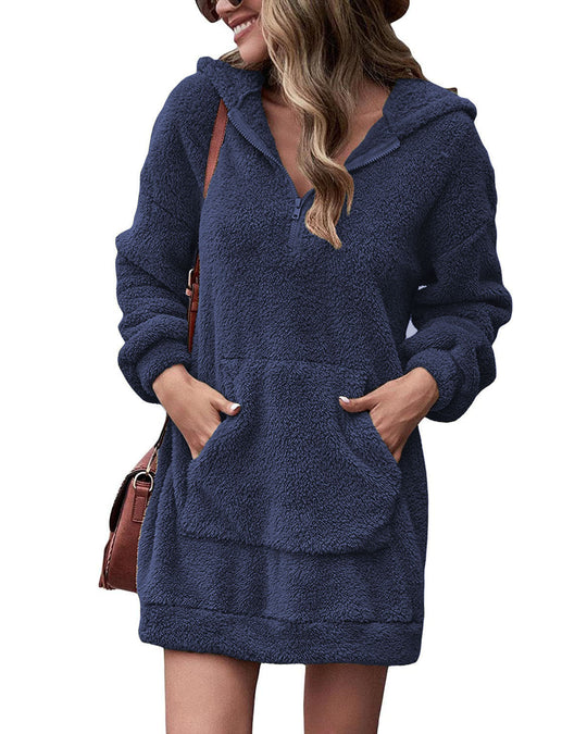 Damen Fleece-Kapuzenkleid mit Taschen und Reißverschluss EB