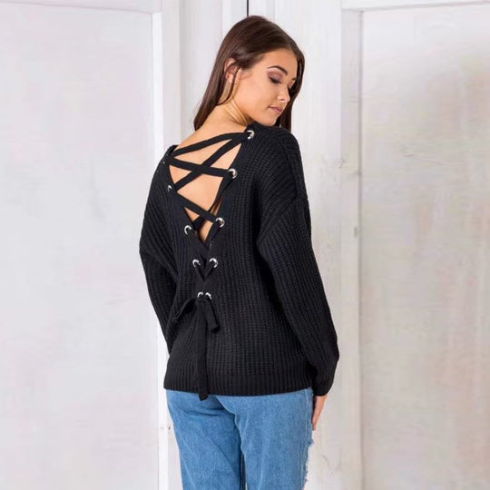 Damen Pullover mit einzigartigem Rückendesign und dekorativem Schnüriemen EB