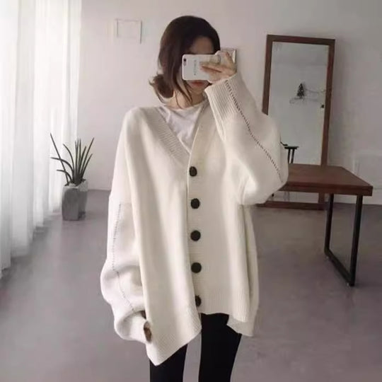 Damen lässige Strickjacke mit übergroßem Schnitt und großen Knöpfen EB